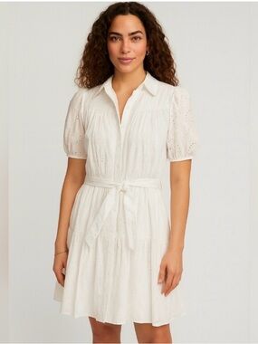 A New Day Eyelet Balloon Elbow Short Sleeve Mini Shirtdress
